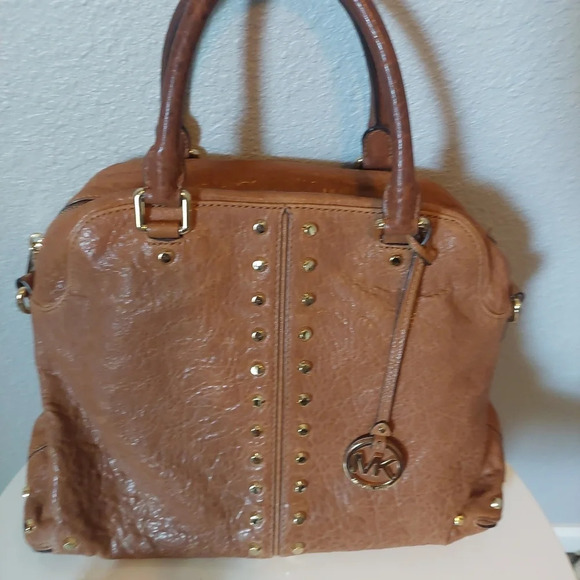 Michael Kors Gold Studded Brown leather handbag Purse Tote Large - Picture 9 of 10
